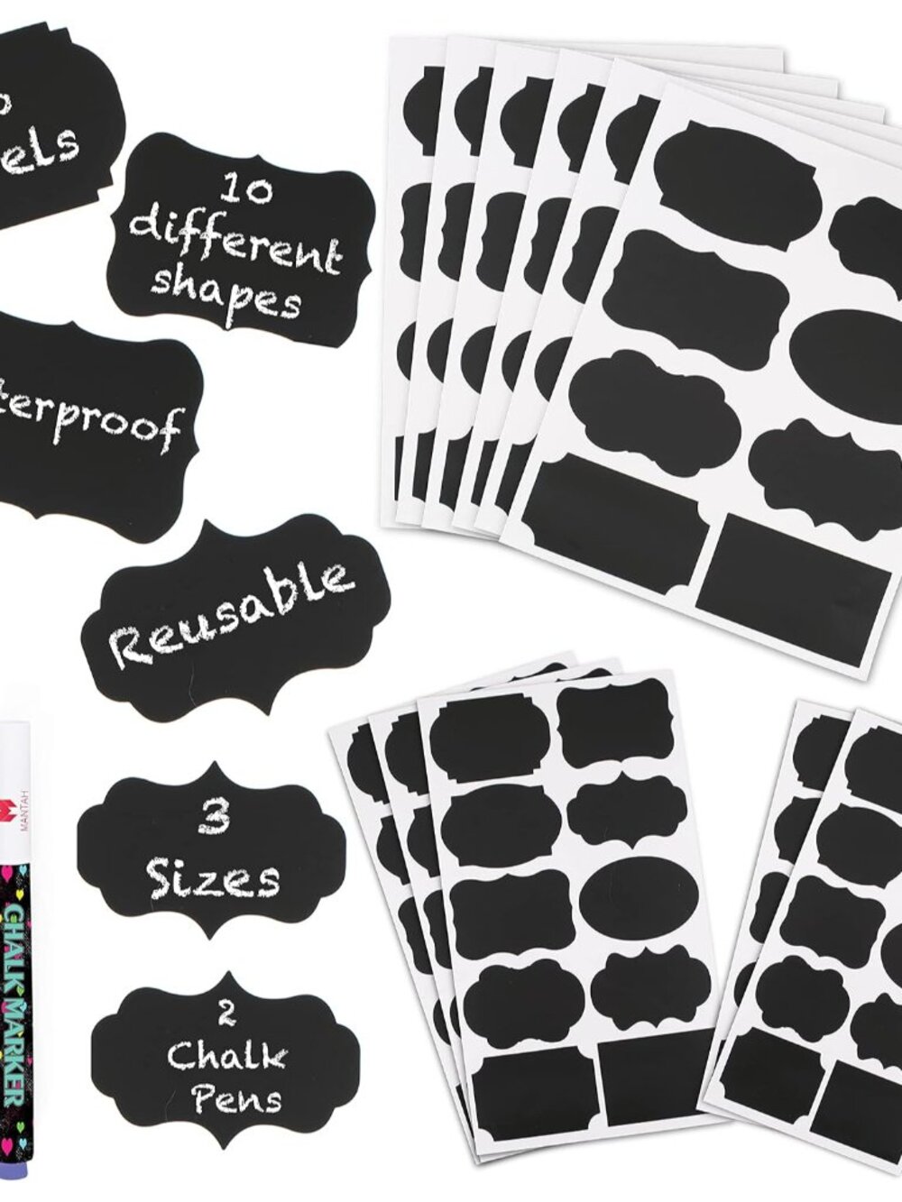 Chalkboard Label Stickers 96pcs - 9 Assorted Shapes in 3 Sizes with 2 White Chal